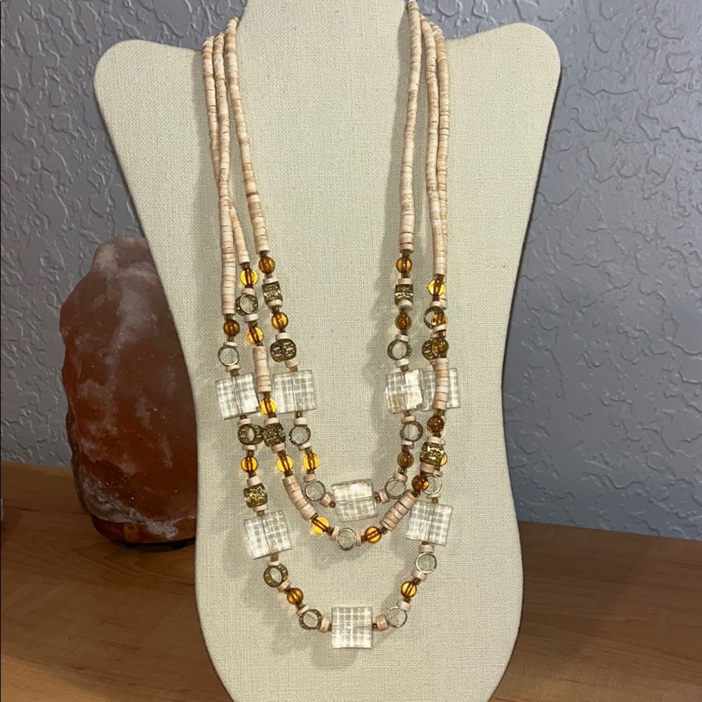Elegant Multi-Layered Geometric Amber Beaded Necklace